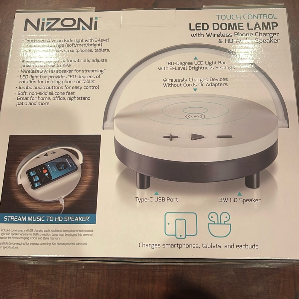 New in box Led Dome Lamp with Wireless Phone Charger and HD Audio Speaker